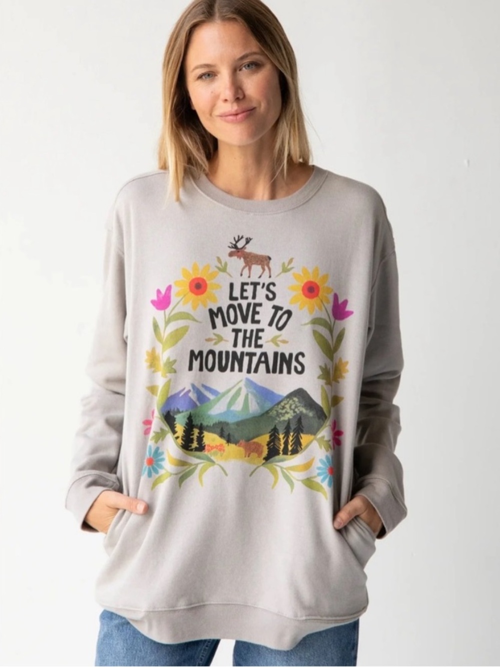BOGO! Natural Life Let's Move to The Mountains Sweatshirt Pockets Gray Large